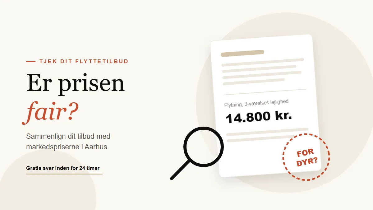 Flyttetilbud under forstørrelsesglas med stempel der spørger om prisen er for dyr